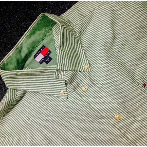 Vintage Tommy Hilfiger Button Up Shirt Mens XL Green Striped 2006 - Picture 1 of 8